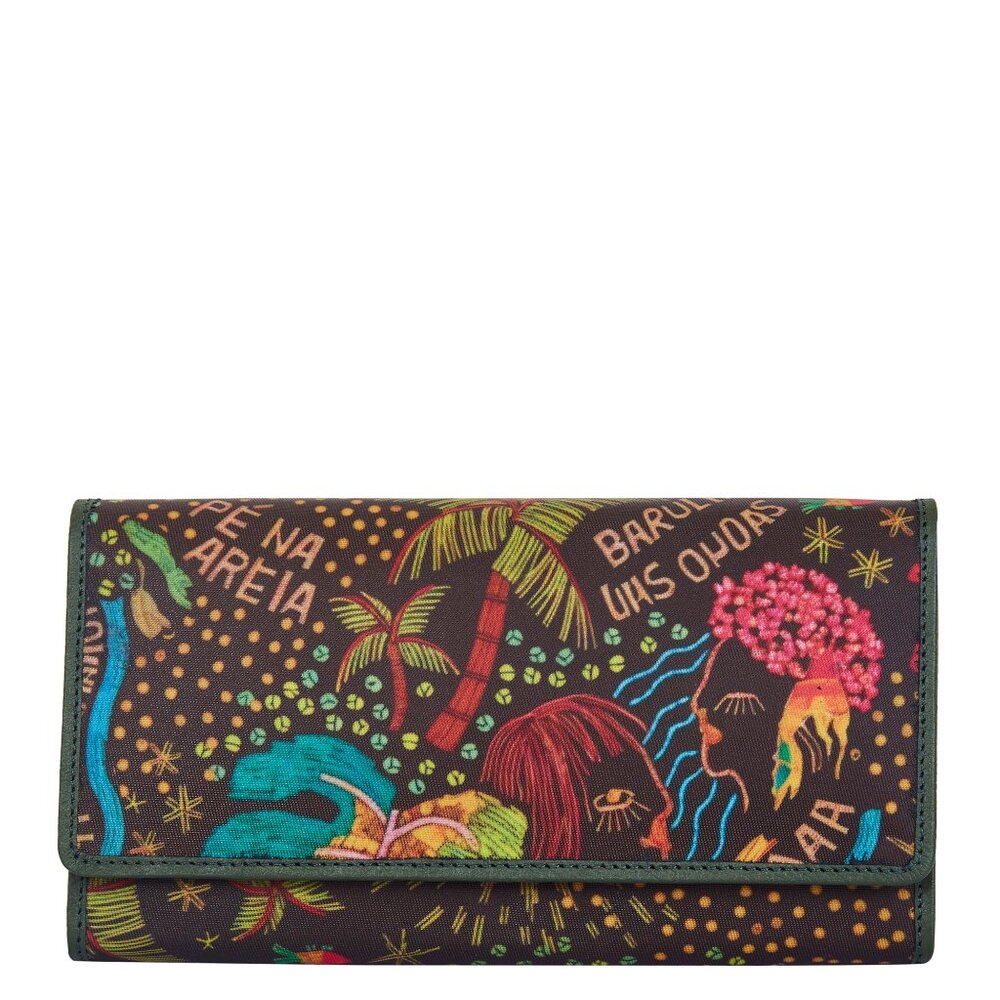 Green Printed Fabric Trifold Wallet & Card Holder – Women Organizer, ID Window